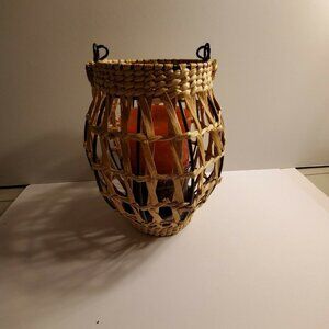 Rustic Woven And Metal Candle Holder With Candle